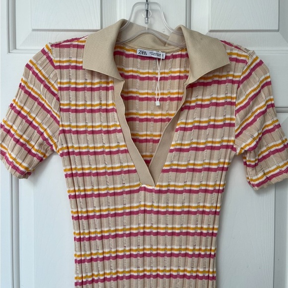 NWOT Zara Striped Ribbed Knit Polo Collar Midi Dress S - Picture 5 of 9